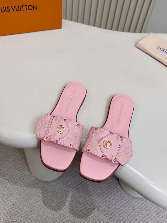 Louis Vuitton Embossed Pattern Flat Mules Rivet Decor Leather Shoes