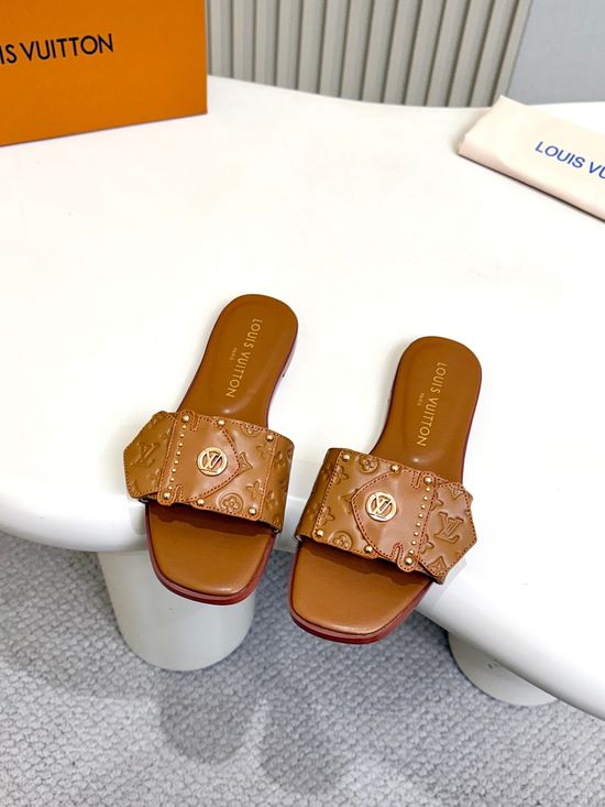 Louis Vuitton Embossed Pattern Flat Mules Rivet Decor Leather Shoes