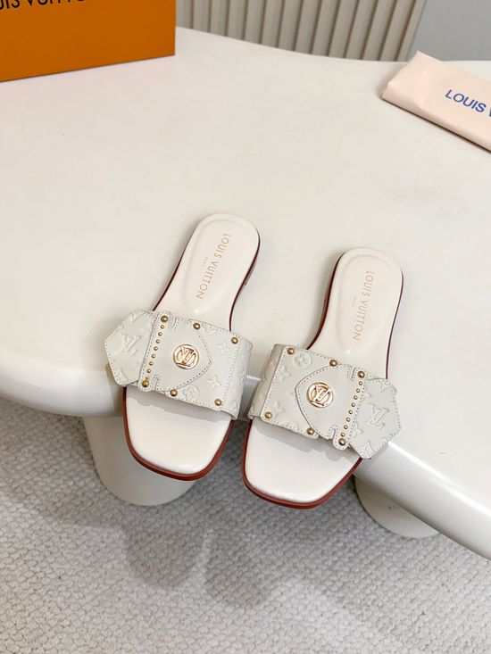 Louis Vuitton Embossed Pattern Flat Mules Rivet Decor Leather Shoes
