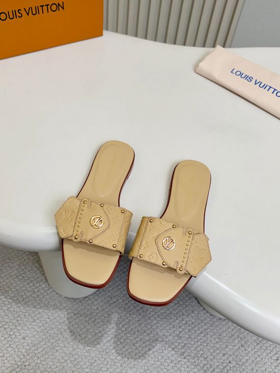 Louis Vuitton Embossed Pattern Flat Mules Rivet Decor Leather Shoes