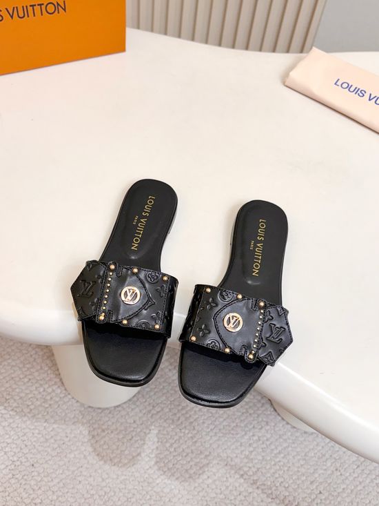 Louis Vuitton Embossed Pattern Flat Mules Rivet Decor Leather Shoes