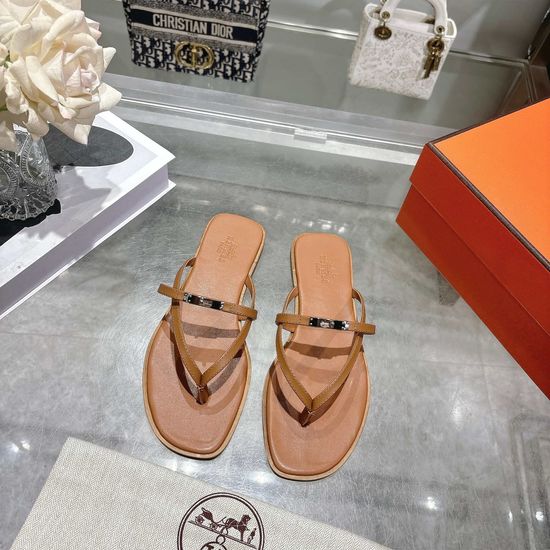 Hermes Genuine Leather Buckle Slide Sandals Non-slip Sole