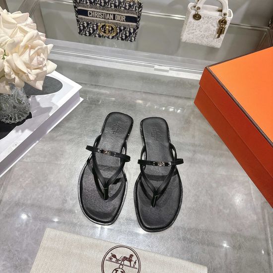 Hermes Genuine Leather Buckle Slide Sandals Non-slip Sole