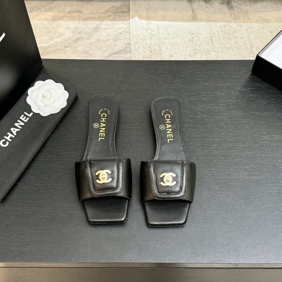 Chanel Leather Square Toe Adjustable Buckle Slip-on Slides