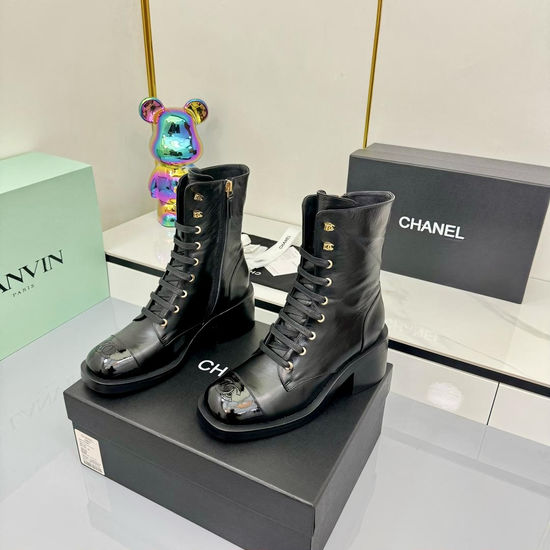 Chanel Genuine Leather Combat Boots With Metal Buckle Detail