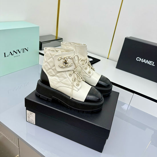 Chanel Elegant Embroidered Cutout Cowhide Short Ankle Boots