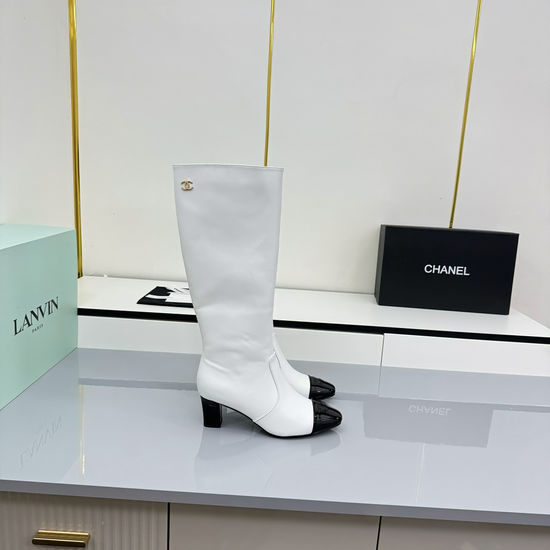 Chanel Premium Chunky Heel Ankle Boots With Color Block Design