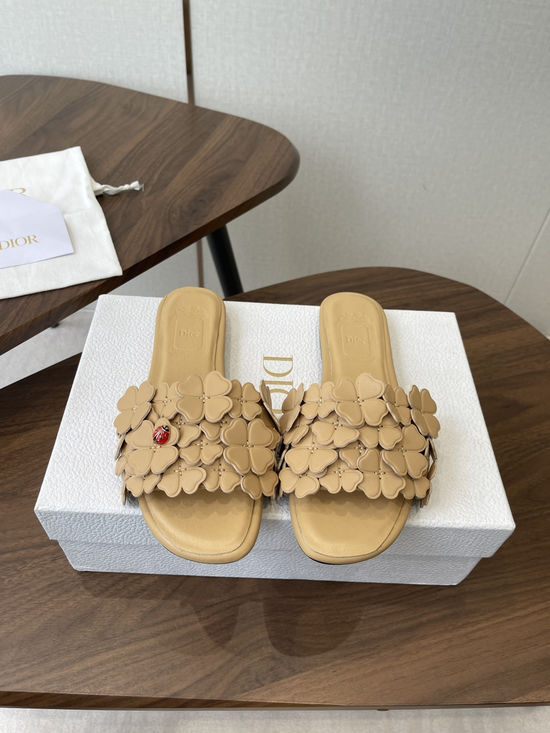 Christian Dior Floral Decor Flat Sandals Genuine Leather Lining Durable Outsole