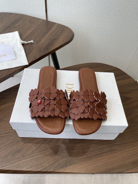 Christian Dior Floral Decor Flat Sandals Genuine Leather Lining Durable Outsole
