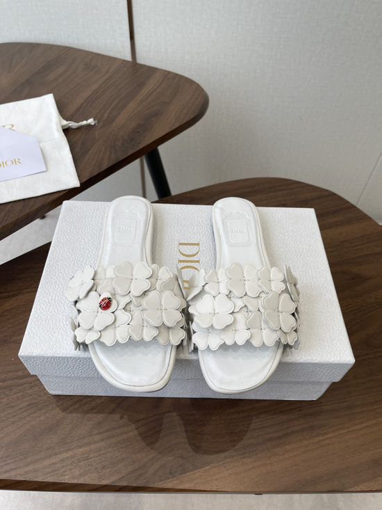Christian Dior Floral Decor Flat Sandals Genuine Leather Lining Durable Outsole