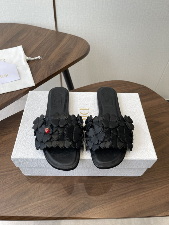 Christian Dior Floral Decor Flat Sandals Genuine Leather Lining Durable Outsole