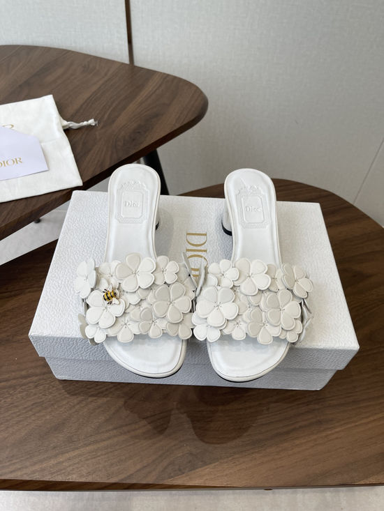 Christian Dior Floral Decor Flat Sandals Genuine Leather Lining Durable Outsole