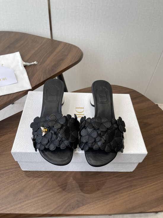 Christian Dior Floral Decor Flat Sandals Genuine Leather Lining Durable Outsole