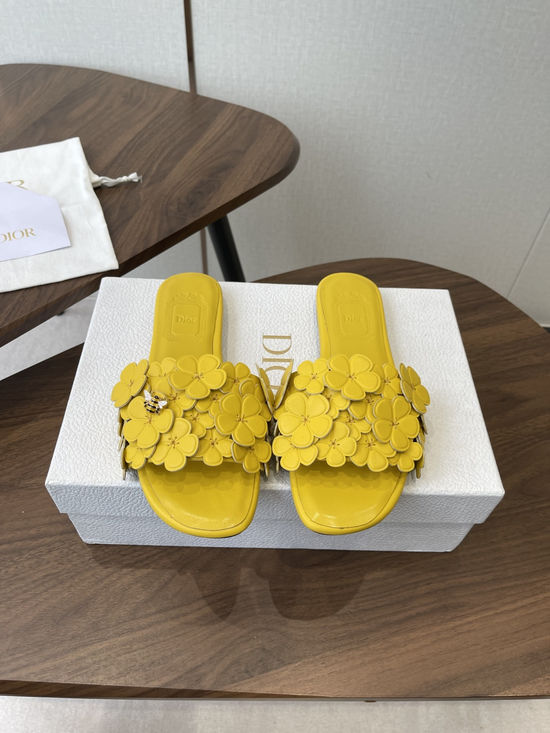 Christian Dior Floral Decor Flat Sandals Genuine Leather Lining Durable Outsole