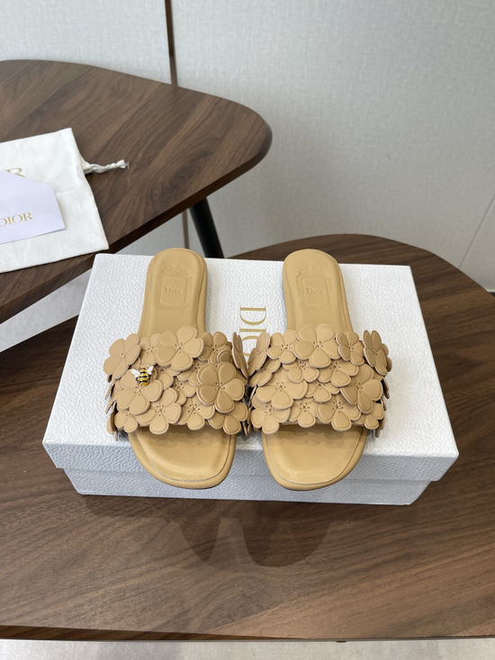 Christian Dior Floral Decor Flat Sandals Genuine Leather Lining Durable Outsole