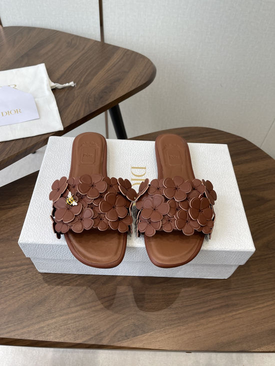 Christian Dior Floral Decor Flat Sandals Genuine Leather Lining Durable Outsole