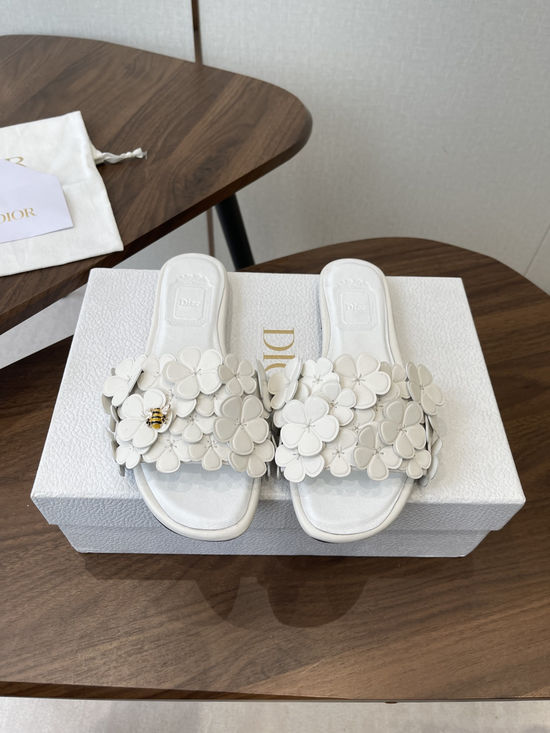 Christian Dior Floral Decor Flat Sandals Genuine Leather Lining Durable Outsole