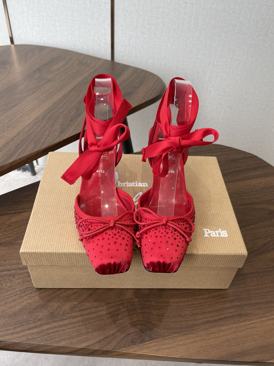 Christian Louboutine Bow Decor High Heel Shoes Silk Upper Comfortable Leather Lining