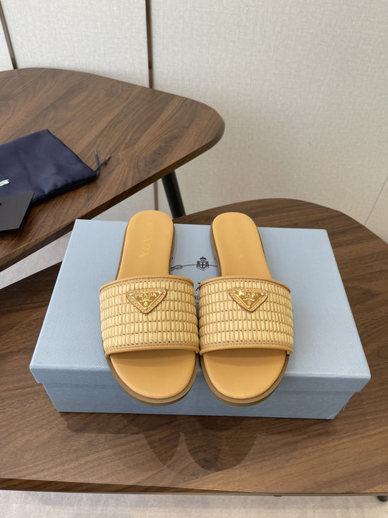 Prada Woven Upper Genuine Leather Elegant Slides