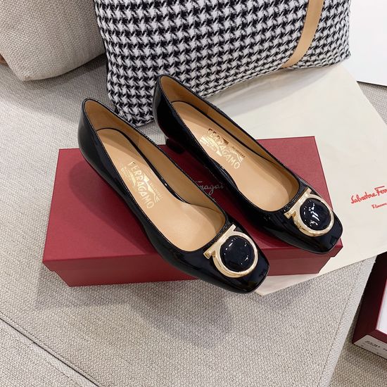 Ferragamo Black Patent Leather Buckle Decor Low Heel Dress Shoes