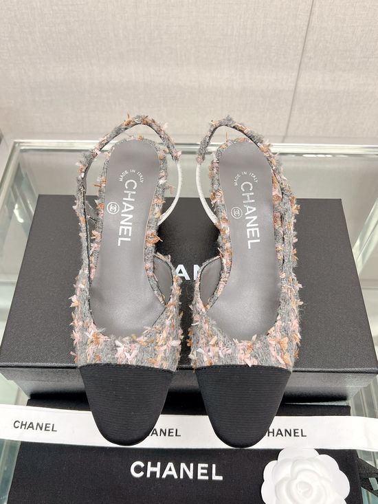 Chanel Classic Two Tone Woolen Slingback Sandals Genuine Leather Sole