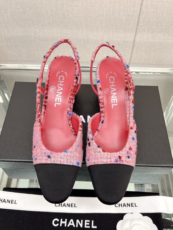 Chanel Classic Two Tone Woolen Slingback Sandals Genuine Leather Sole