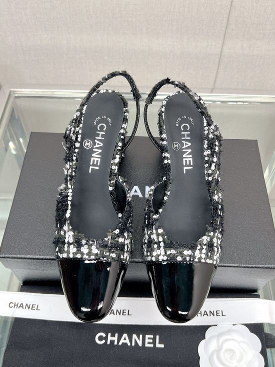 Chanel Classic Two Tone Woolen Slingback Sandals Genuine Leather Sole