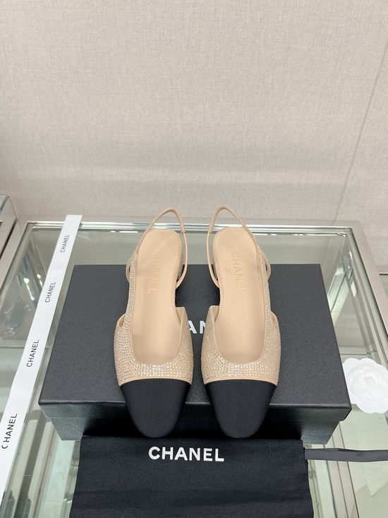 Chanel Rhinestone Suede Slingback Sandals with Leather Sole