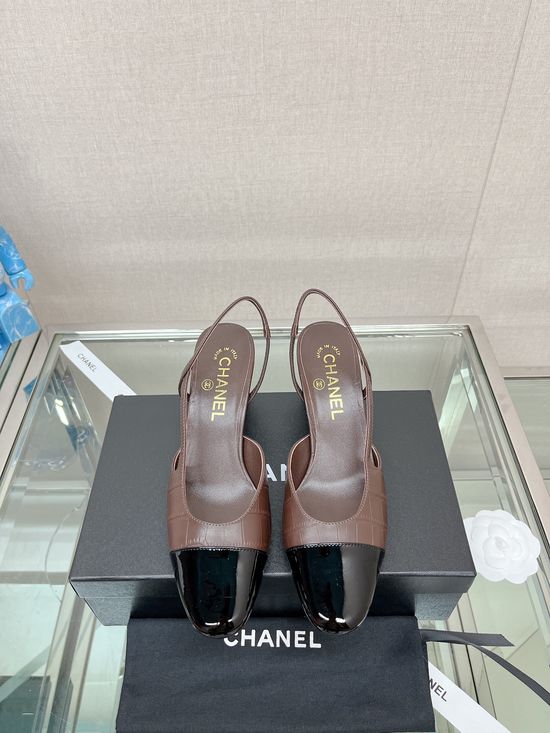Chanel Stone Pattern Leather Slingback Sandals Classic Two Tone Shoes