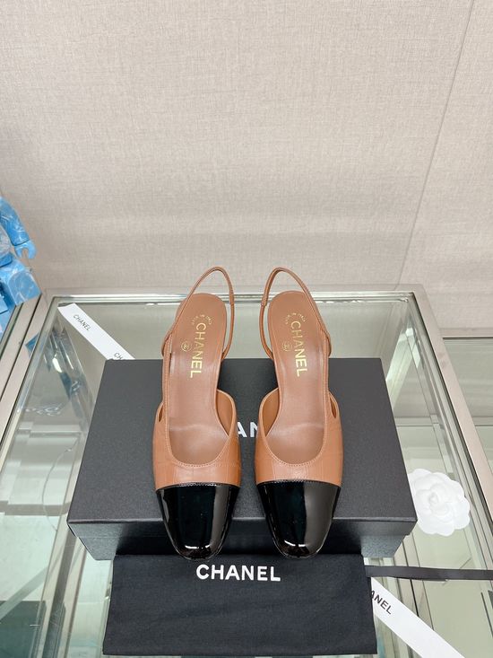 Chanel Stone Pattern Leather Slingback Sandals Classic Two Tone Shoes
