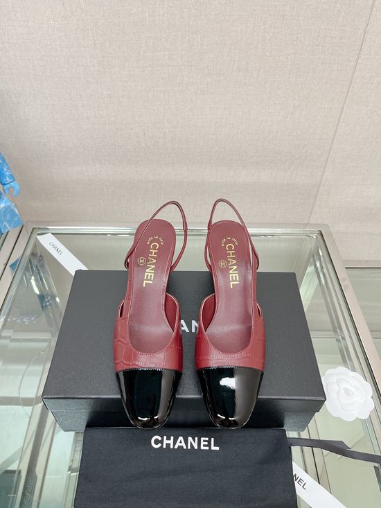 Chanel Stone Pattern Leather Slingback Sandals Classic Two Tone Shoes