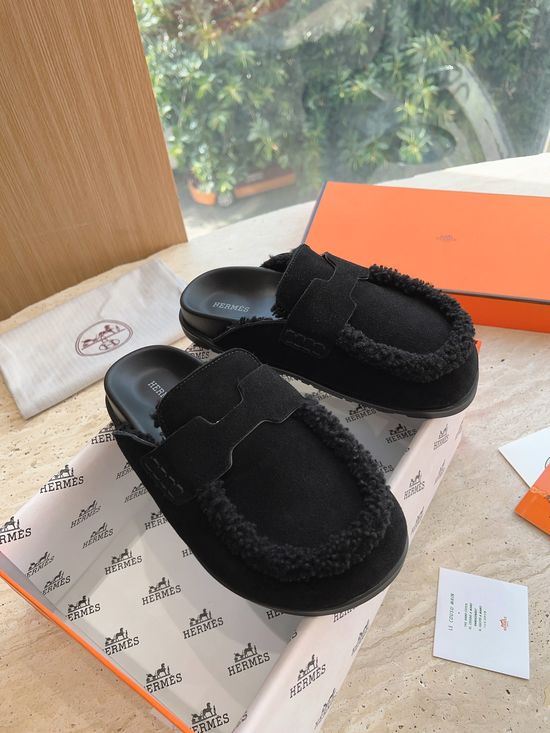 Hermes Suede Curly Fleece Lined Platform Slip-on Mules