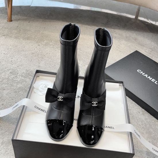 Chanel Elegant Bow Ankle Boots Stretch Upper Sturdy Block Heel