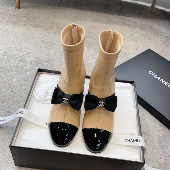 Chanel Elegant Bow Ankle Boots Stretch Upper Sturdy Block Heel