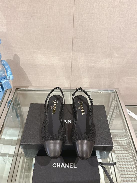 Chanel Classic Two-tone Tweed Slingback Sandals Flat Low Heel