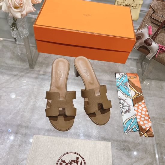 Hermes Block Heel Calfskin Slides Comfortable Elegant Casual Footwear