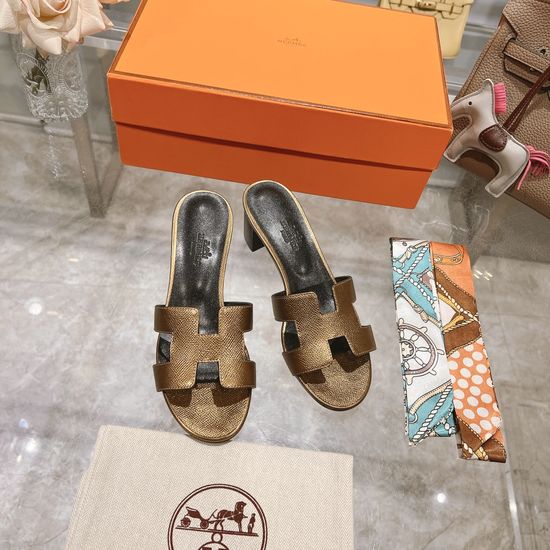 Hermes Block Heel Calfskin Slides Comfortable Elegant Casual Footwear