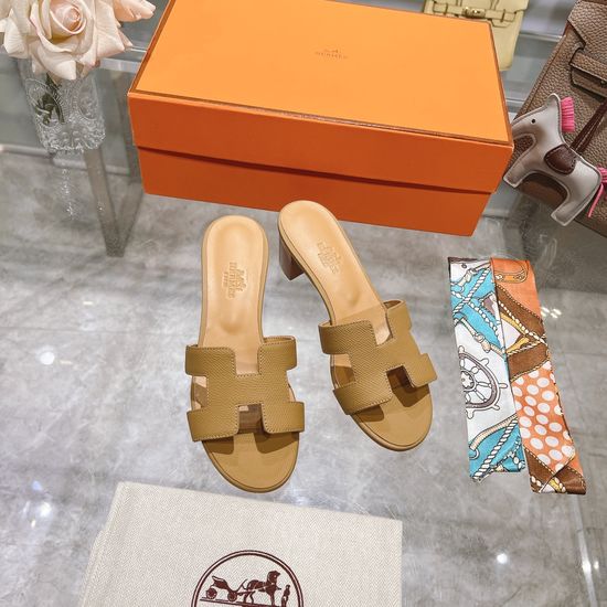 Hermes Block Heel Calfskin Slides Comfortable Elegant Casual Footwear