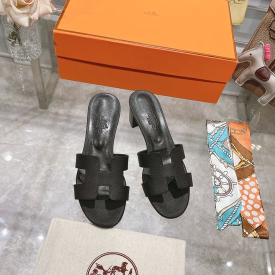 Hermes Block Heel Calfskin Slides Comfortable Elegant Casual Footwear