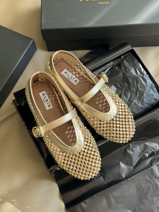 Alaia Rhinestone Decor Leather Ballet Flats Comfortable Daily Footwear
