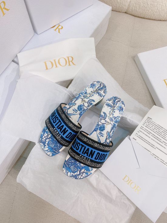 Christian Dior Embroidered Cotton Slide Sandals with Leather Sole