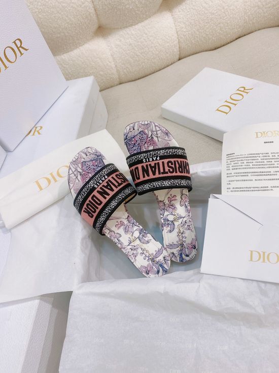 Christian Dior Embroidered Cotton Slide Sandals with Leather Sole