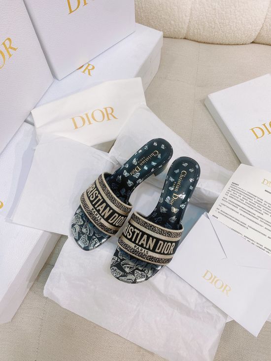 Christian Dior Embroidered Cotton Slide Sandals with Leather Sole