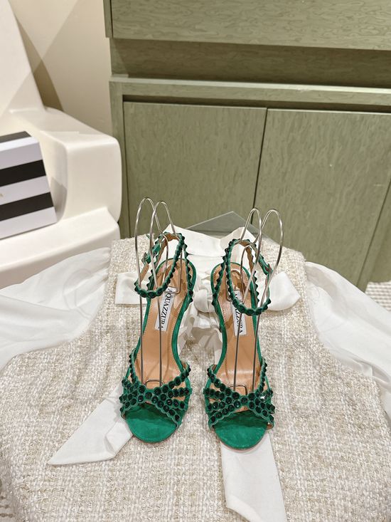Aquazzura Rhinestone Chain Silk Stiletto Heels with Leather Sole