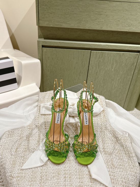 Aquazzura Rhinestone Chain Silk Stiletto Heels with Leather Sole