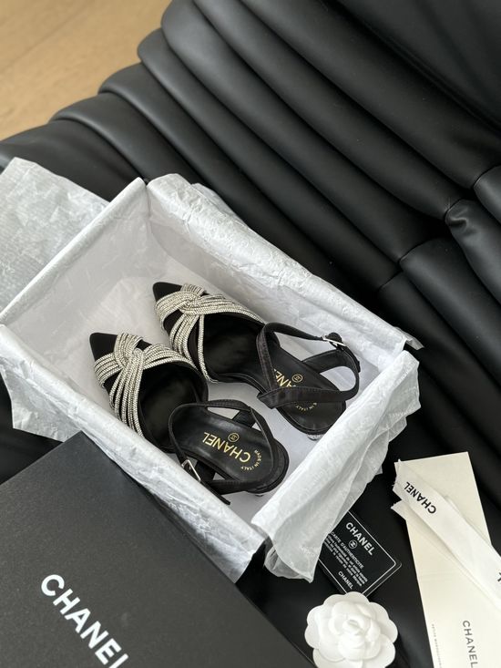 Chanel Rhinestone Buckle Pointed Toe Mid Heel Pumps