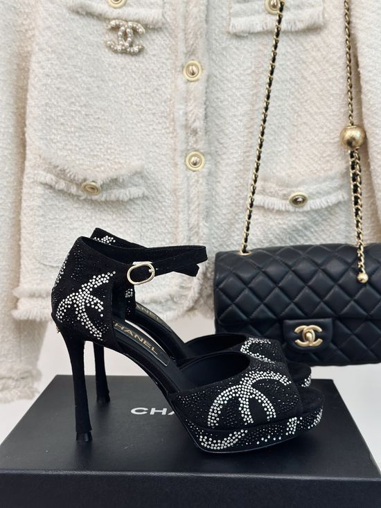 Chanel Rhinestone Platform High Heel Sandals Elegant Cashmere Upper