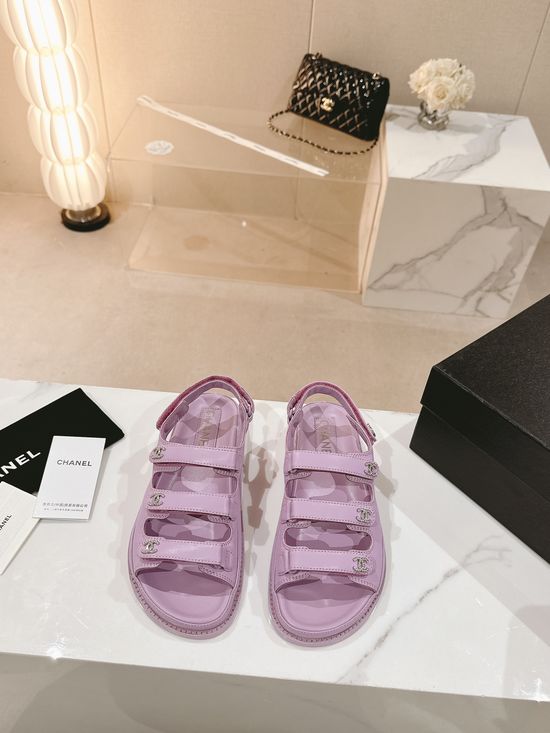 Chanel Three Strap Hook and Loop Leather Casual Sandals