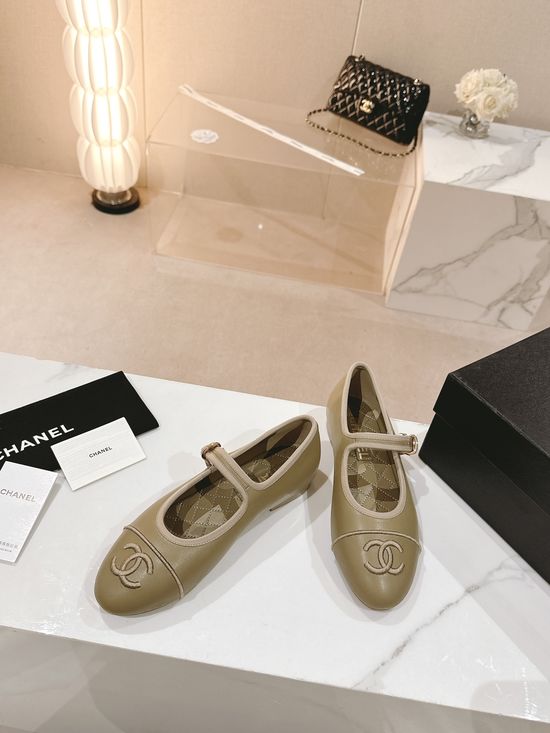 Chanel Embroidered Logo Round Toe Leather Flat Mary Janes