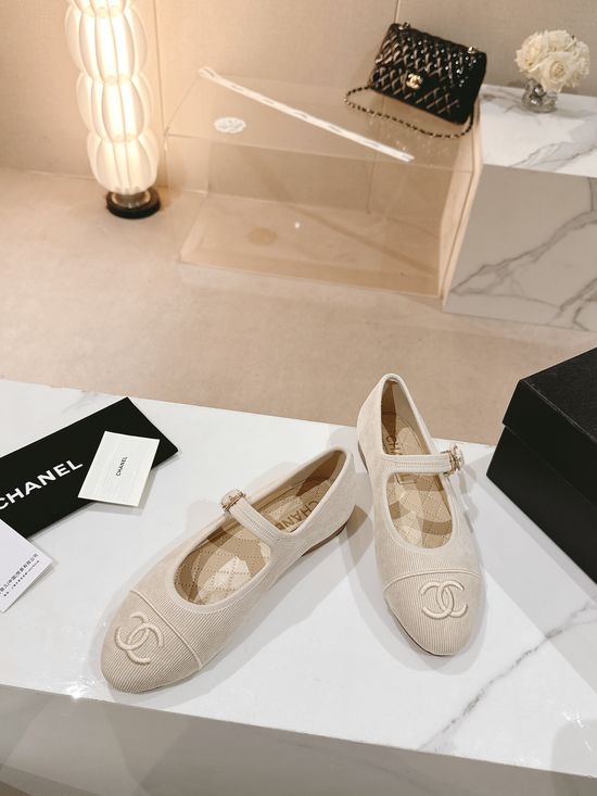 Chanel Embroidered Logo Round Toe Leather Flat Mary Janes